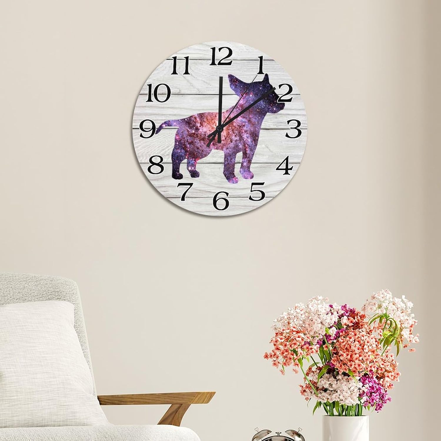 Funny Round Puppy Wooden Clock 15in Starry Sky Silhouette Dog Bull Terrier Silent Non-Ticking Battery Operated Wood Wall Clock for School Classroom Nursery Cafe Bar Pub Home Decor