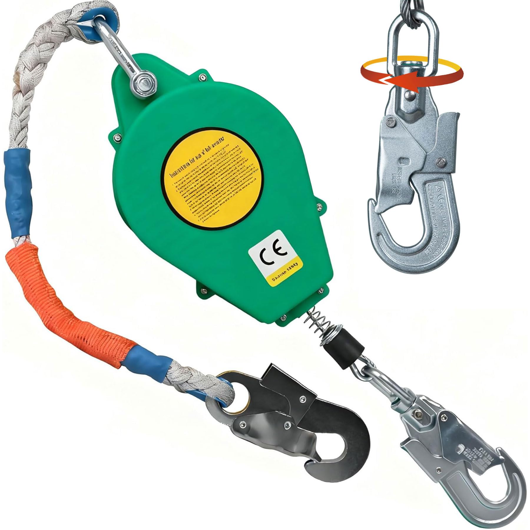 Dispositivo Anticaidas Retráctil 10m/15m/20m (Verde, 15m) | Arnés de Seguridad Anticaídas Retráctil Homologado con Gancho Autoblocante, Linea de Vida Retractil para Trabajos en Altura
