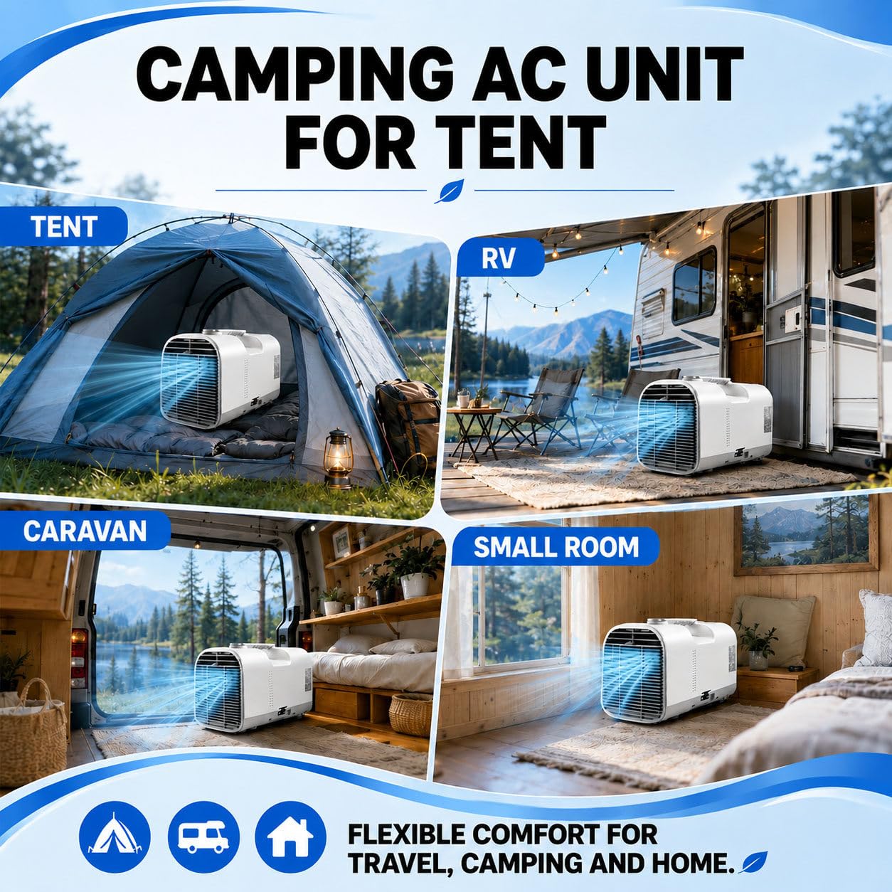 Klimatyzacja Przenośna Camping 5100 BTU | Klimatyzator Mobilny do Namiotu | Idealny do namiotów i domków dla zwierząt,cichy schładzacz 4w1,programator czasowy 12H,zakres temperatur 16-32°C — EU V1pro