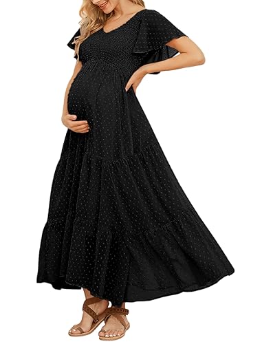 Swiss Dot Smocked Maternity Dress for Baby Shower Photoshoot Casual
