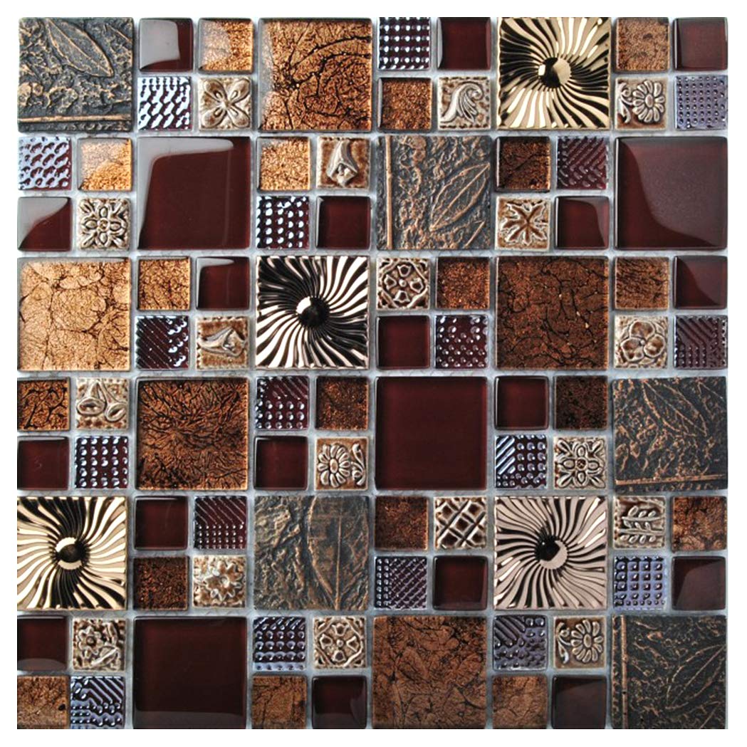 Special Carving Mosaic Art Accent Tile Red Brown Color Glass Wall Backsplash Tiles Rose Gold Metal Kitchen Bath Walls Decor Tstfly16 1 Sample 12x12 Inches Amazon Com