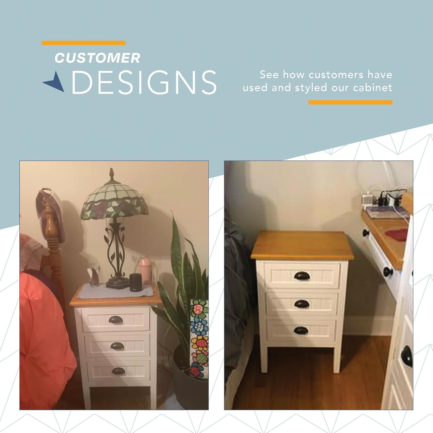 ClickDecor Martin Cabinet Nightstand, 3 Large 13" Drawers, Natural Grain Acacia Wood Top, Metal Cup Handles, BedsideTable for Bedroom, SideTable or EndTable for Living Room, Fully Assembled, White