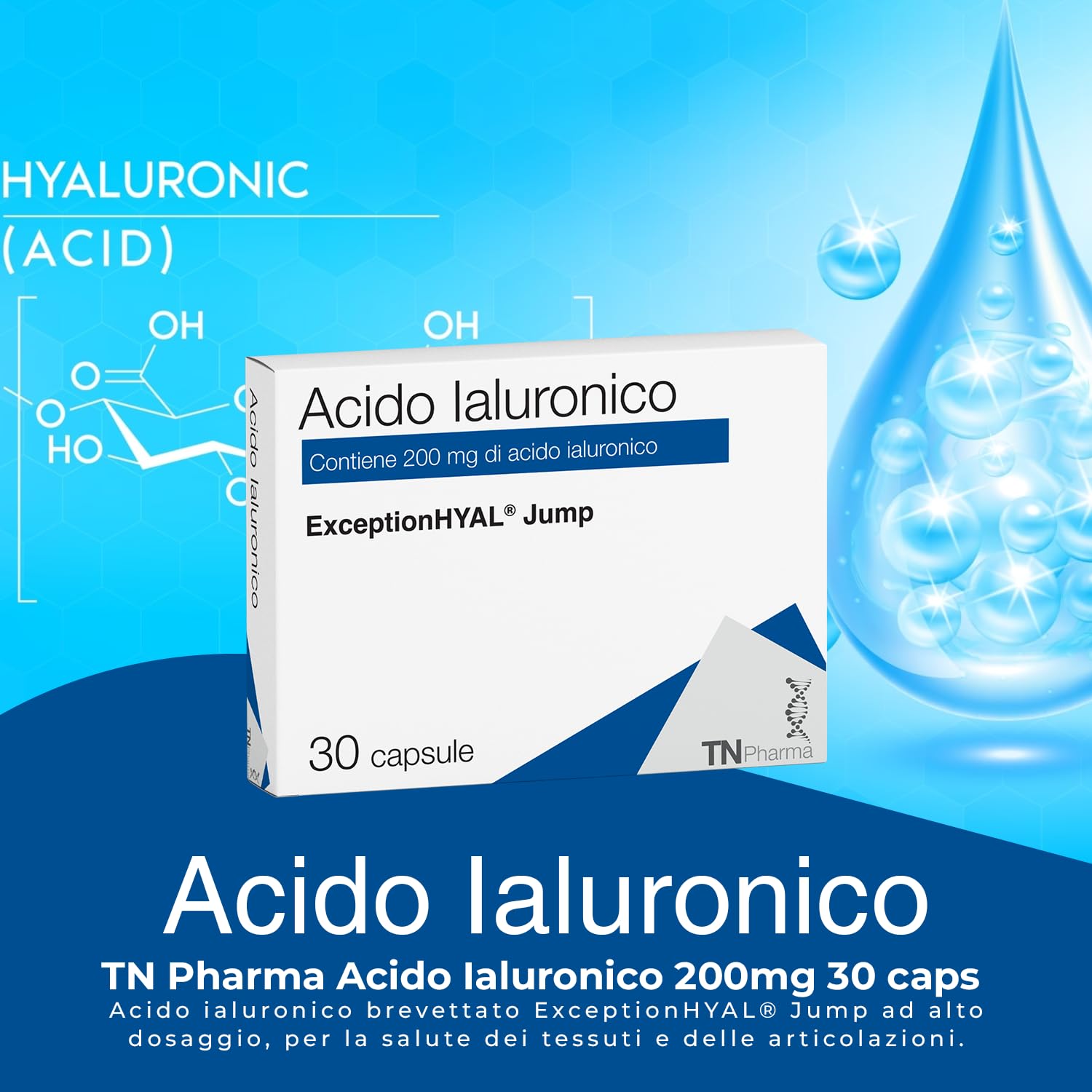 Tn Pharma Acido Ialuronico ExceptionHYAL Jump, 200mg, 30 Capsule, Neutro, Integratore per Articolazioni e Tessuti, 16.8g, Vegano, Senza Glutine, Senza Lattosio