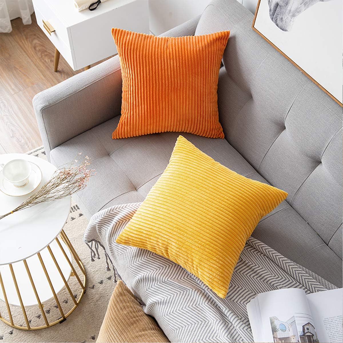MUDILY Pack of 2 Decorative Pillow Covers Decor Supersoft Striped Velvet Throw Toss Pillowcase Cushion Cover for Chair Sofa Bedroom Car, Orange 16 x 16 inch 40 x 40 cm