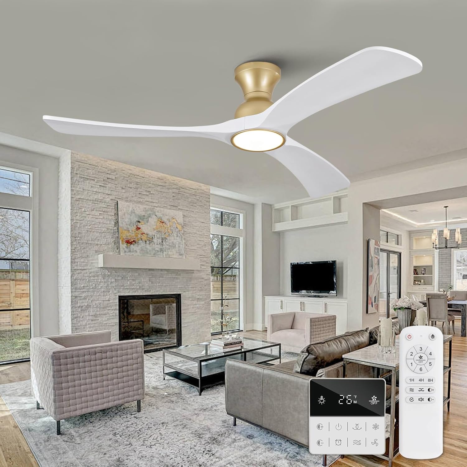 White Gold Ceiling Fans with Lights Flush Mount,52 inch Solid Wood,Remote Control,Wall Switch,Dimmable,Reversible,Power Off Memory Modern Ceiling Fan for Bedroom Patio Indoor/Outdoor Use