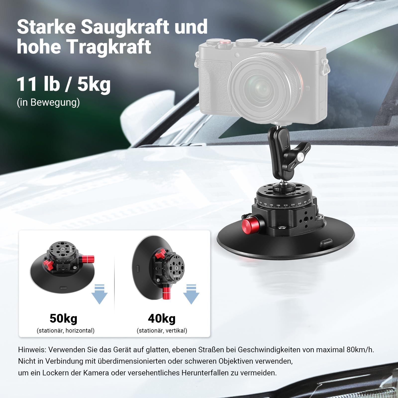 NEEWER 6"/15,2cm Kamera Saugnapf Halterung mit Kugelkopf Magic Arm, Metall Saugnapfhalterung an der Auto Windschutzscheibe für Action Kamera/Handy Halter, mit 1/4“ & 3/8" Befestigungslöchern für ARRI