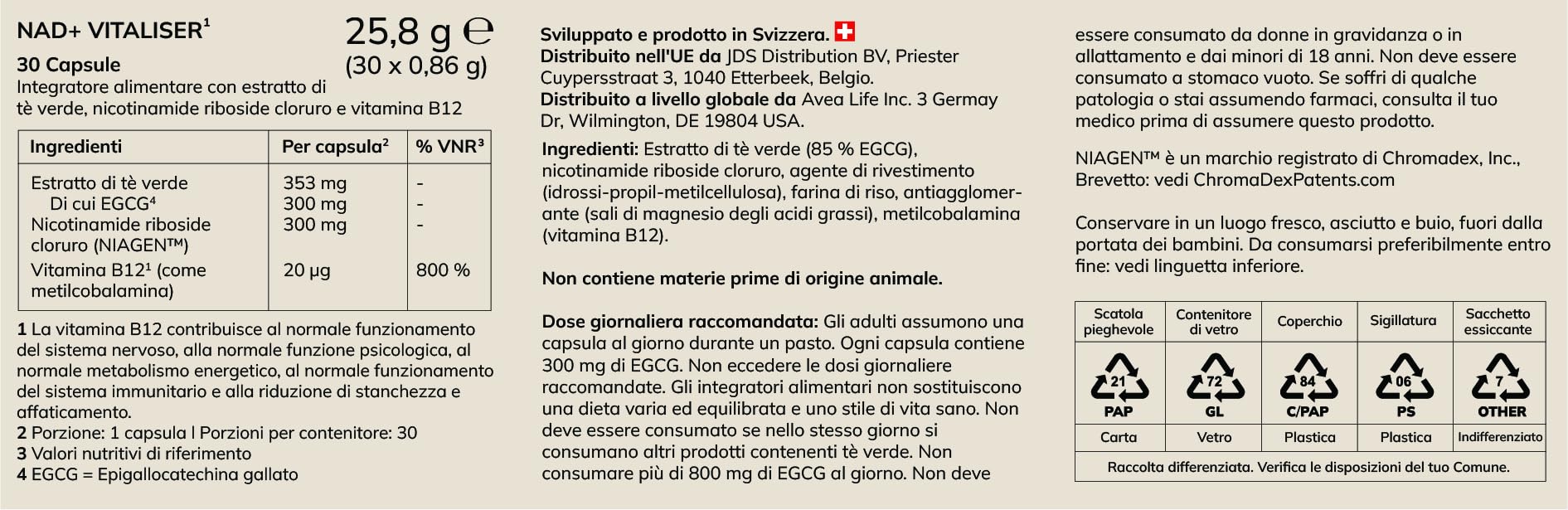 AVEA Vitaliser Capsule (30 capsule) – Precursore del NAD+ per ridurre l’invecchiamento di pelle e corpo – Fonte naturale di NAD+ antiossidante con Vitamina B12 ed estratto di tè verde per l’energi