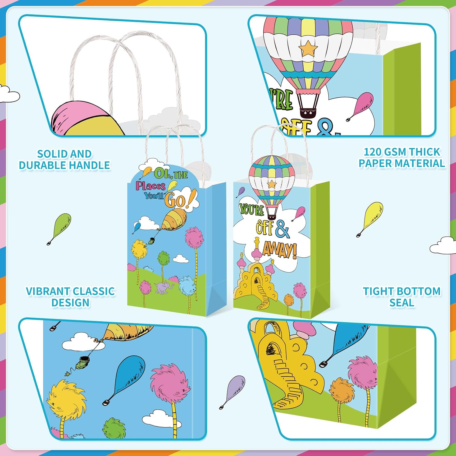 Marhpveua 24 Pcs Oh the Place You'll Go Party Bags Kindergarten Graduation Paper Favor Bags with Handles for Preschool Graduation Classroom Decor Supplies