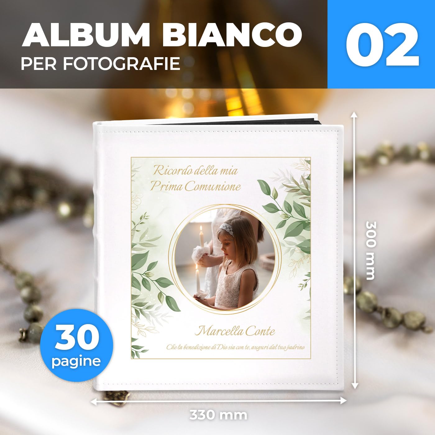 Maverton Album Foto Personalizzato - Copertina in Pelle Sintetica Bianca Personalizzata con Stampa Colorata - 60 pagine nere - 240 foto 10x15 cm - regali per prima comunione - Comunione