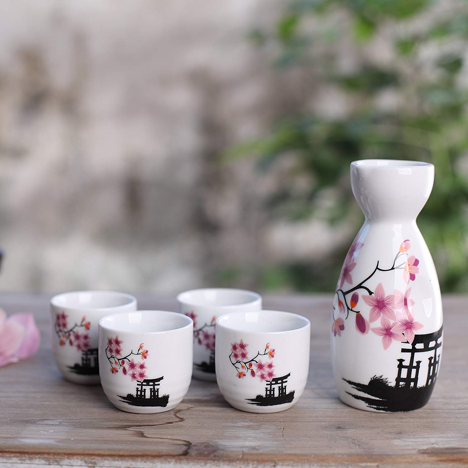 Lawei Set di sake giapponese in ceramica, 5 pezzi, motivo: fiori rosa