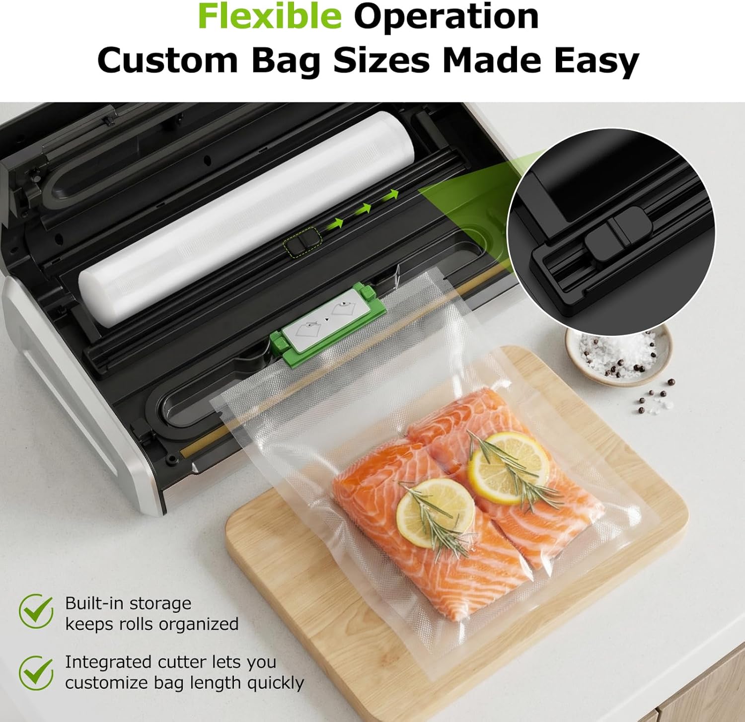 Bonsenkitchen Vacuum Sealer for Food, One-Hand Operation Food Vacuum Sealer Machine with Digital Timer, 0.2-inch wider seal, Built-in Cutter and Bag Storage for Meal Prep, 1 Roll Bag & 10 Pre-Cut Bags