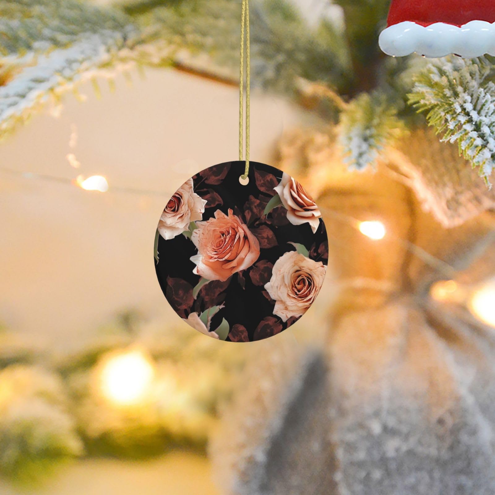 Christmas Tree Ornaments Ceramics Christmas Round Decorations Black Peach Rose Ceramics Ornaments Circle Pentagram Xmas Tree Hanging Pendant for Christmas Tree Party Holiday Home Decor