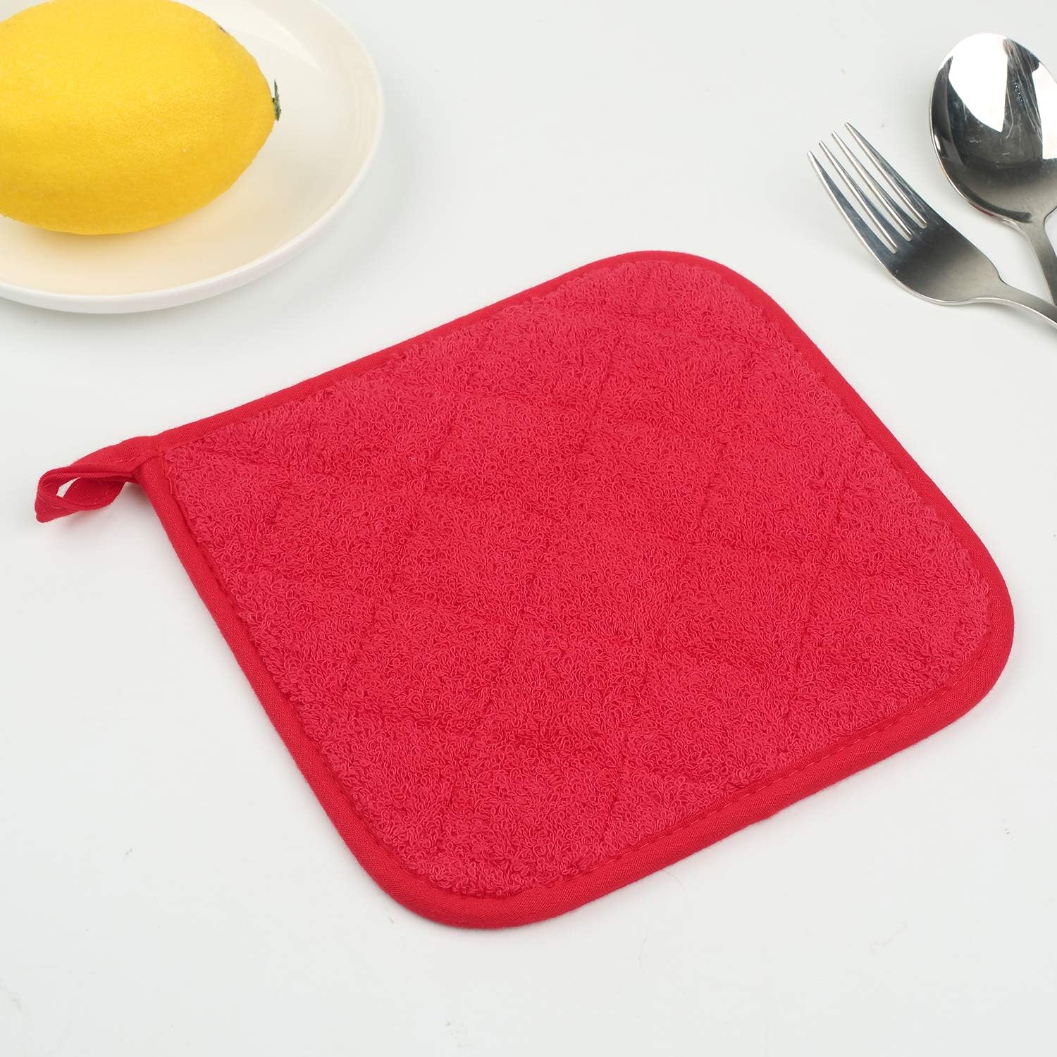 Lifaith 100% Cotton Kitchen Everyday Basic Terry Pot Holder Heat Resistant Coaster Potholder for Cooking and Baking Set of 5 Red