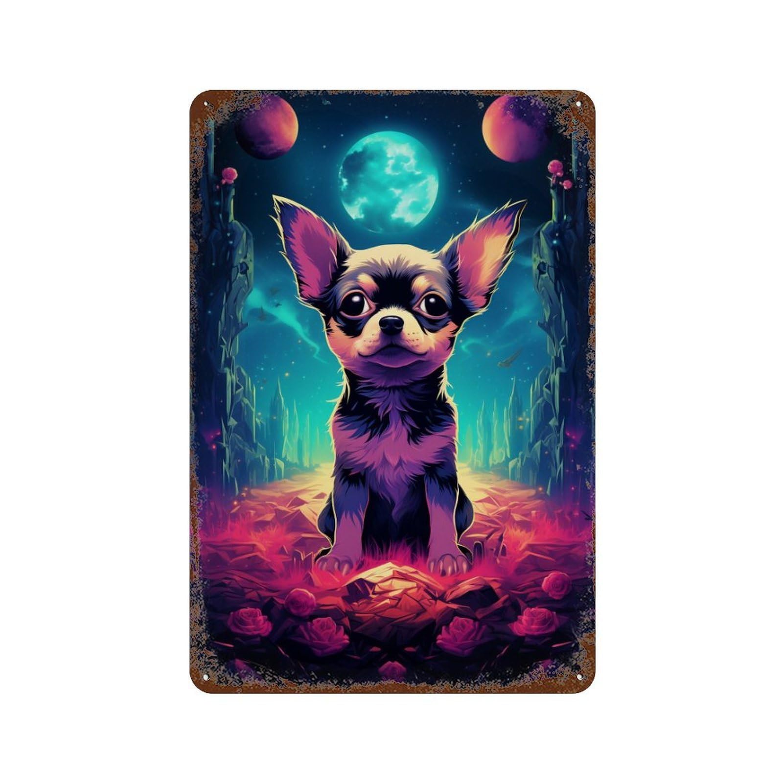 Fantasy Chihuahua in Space Vintage Wall Sign 11.8"x7.9", Rust Effect Metal Decor for Shed, Workshop And Garage Wall Decor