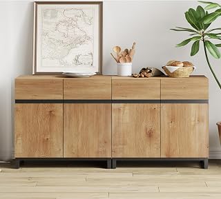 WAMPAT 2-in-1 Modern Oak Sideboard Buffet Cabinet with Adjustable Shelves & Sturdy Metal Base for Living Room Kitchen Storage