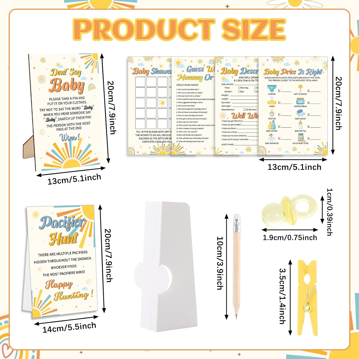 327 Pcs Here Comes The Son Baby Shower Game Supply Include 200 Activity Card 25 Pencil 1 Don't Say Baby Sign 50 Clothespin 1 Pacifier Hunt Sign 50 Pacifier for Price Is Right Decor