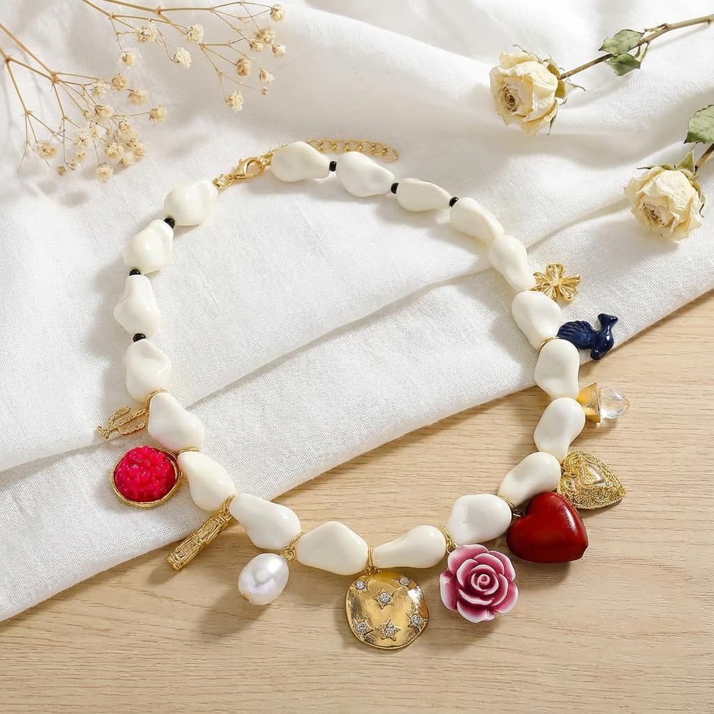 Irregular Imitation Charms Pendant Necklace for Women, Enamel-Coated Alloy Dainty Bohemian Collarbone Necklaces Jewelry for Daily Wear