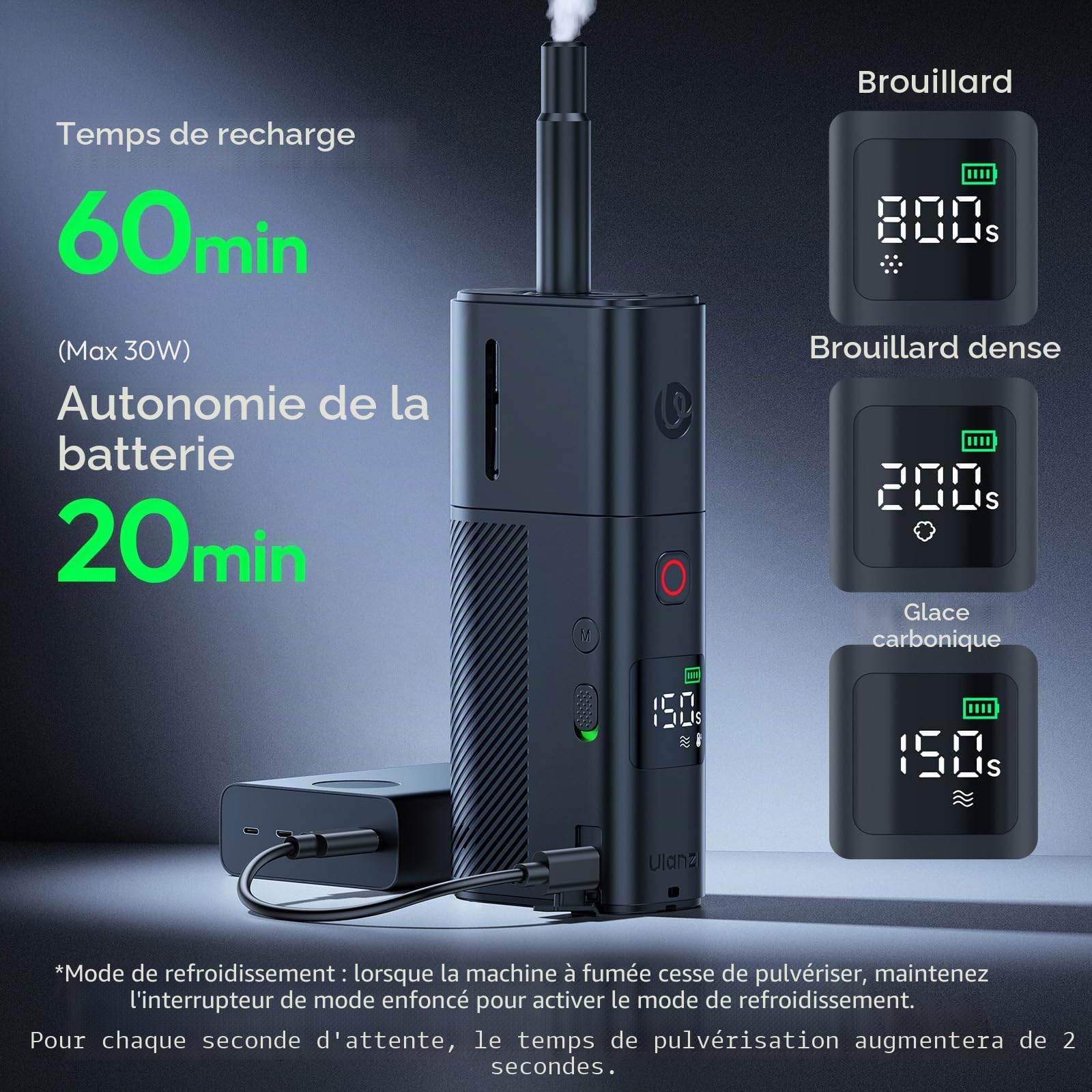 ULANZI FM02 FILMOG X Machine à fumée portable, machine à fumée portable alimentée par batterie de 30 W, machine à fumée portable, accessoires pour caméras pour l'enregistrement vidéo, photographie de