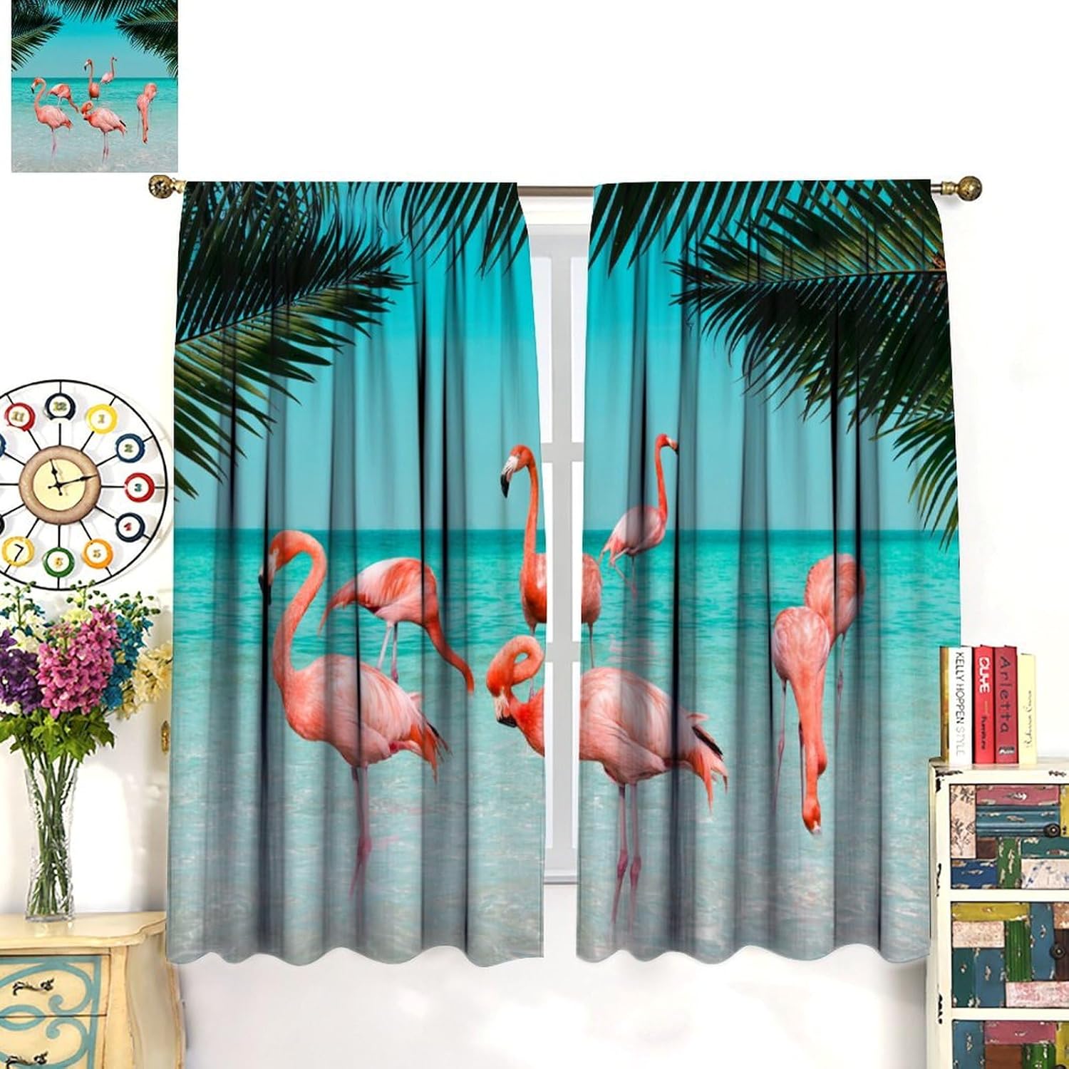 Pink Flamingo Curtains,Tropical Theme Plant Animal Ocean Home Décor for Bedroom Living Room Kitchen Office Window Treatments 2 Panel Set,Total Size 42 x 45 Inch