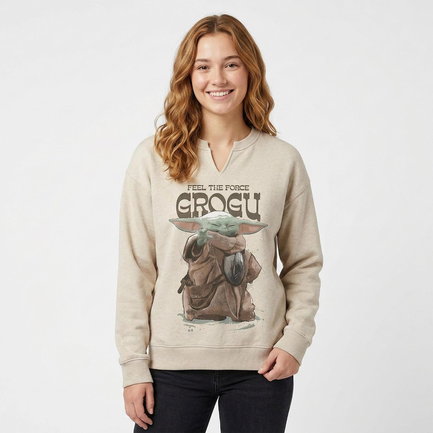 STAR WARS Women's Star Wars: the Mandalorian and Grogu Officially Licensed Feel the Force Fleece Sweatshirt Juniors Notch Neck Pullover