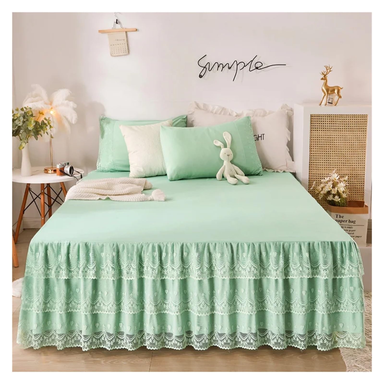 Bed Skirt Pillowcase Bed Set Ruffle Three Layers Lace Bedspreads Sheet Soft Fitted Sheet Cover(25,2pcs pillowcase)