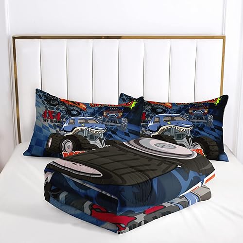 Miniatura 5 de AILONEN Juego de edredón de camión tamaño Queen, juego de ropa de cama con temática de camión monstruo 3D sobre fondo azul, para niños y niñas, para