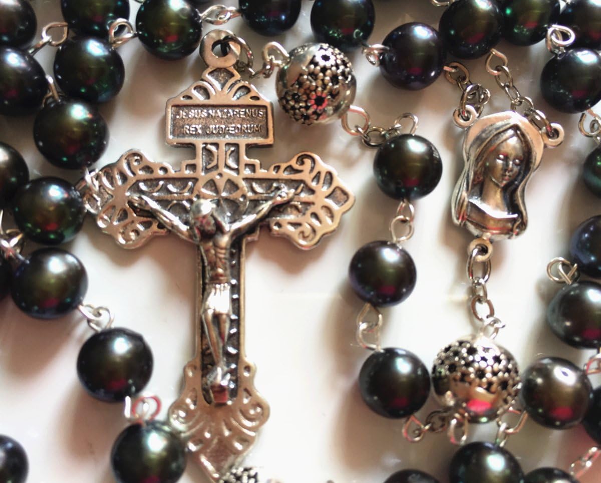 elegantmedical HANDMADE AAA Black Real Pearl + Bali Sterling Silver Beads Catholic Rosary Cross CRUCIFIX Necklace box - Image 5