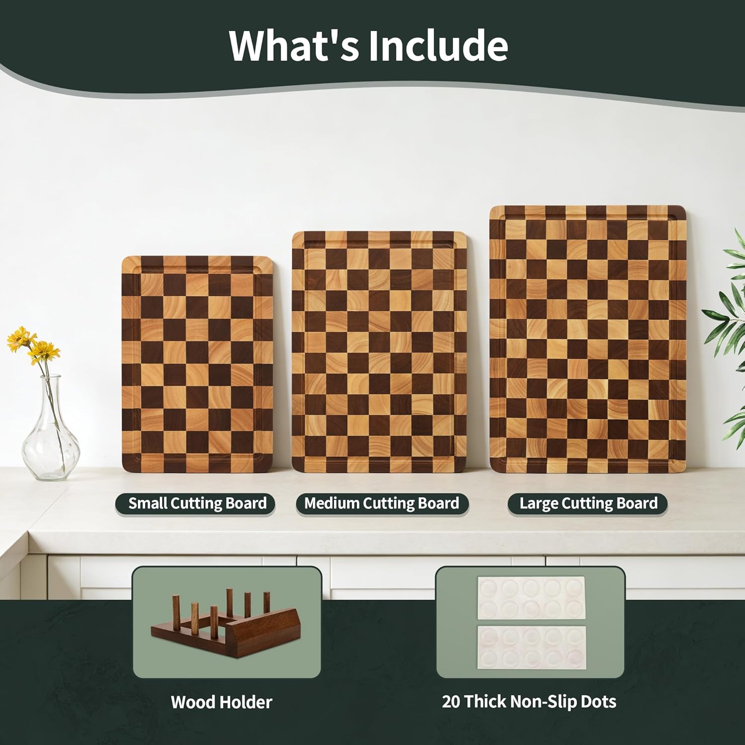 WILLKOMMEN Checkered Cutting Board Set, 3-Piece Wood Checkerboard End Grain Chopping Boards with Holder & Juice Groove Wooden Kitchen Cutting Board for Cooking and Serving (S, M, L)