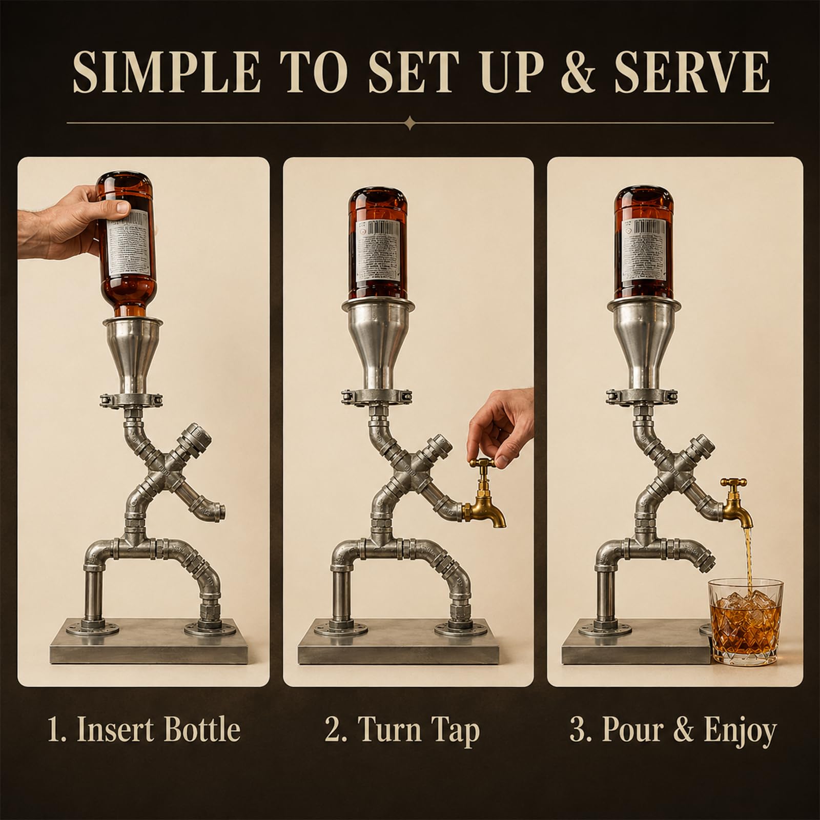 Dispensador de Bebidas Estilo Industrial de Tubo Metal y Latón | diseño industrial, grifo latón, base estable, estilo retro, idea regalo(silver)