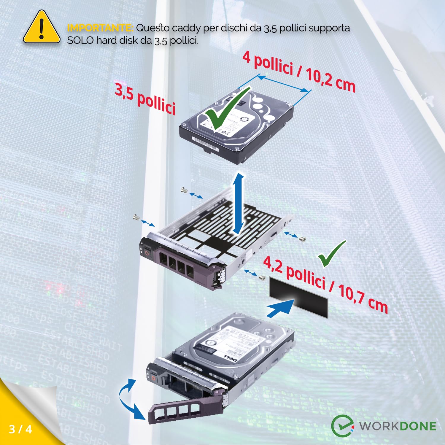 WORKDONE Confezione da 4 - Caddy Hard Disk 3,5 Pollici - Compatibile con Server dell PowerEdge - Manuale di Installazione - Etichette adesive – Cacciavite - Viti per Tray HDD