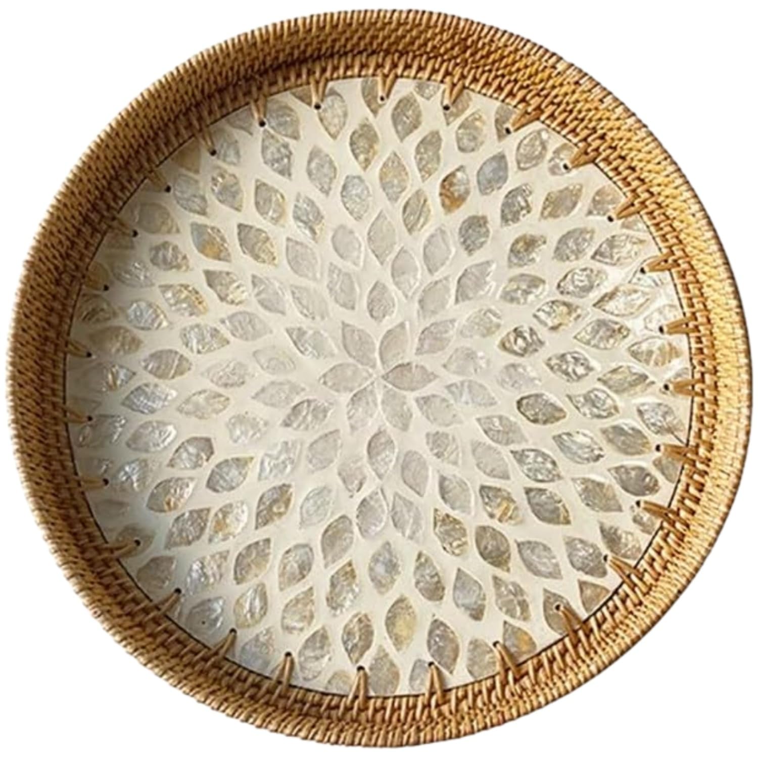 Round Rattan Tray With Mother Of Pearl Inlay, Decorative Storage Serving For Fruit And Wicker