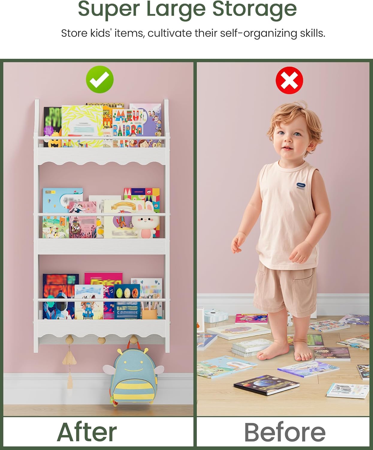 Wall Bookshelf for Kids, 3-Tier Kids Bookshelf for Wall, Floating Book Shelves with 3 Hooks & Guardrails, for Kids' Room, Living Room, Nursery, White and Natural MCW43WB