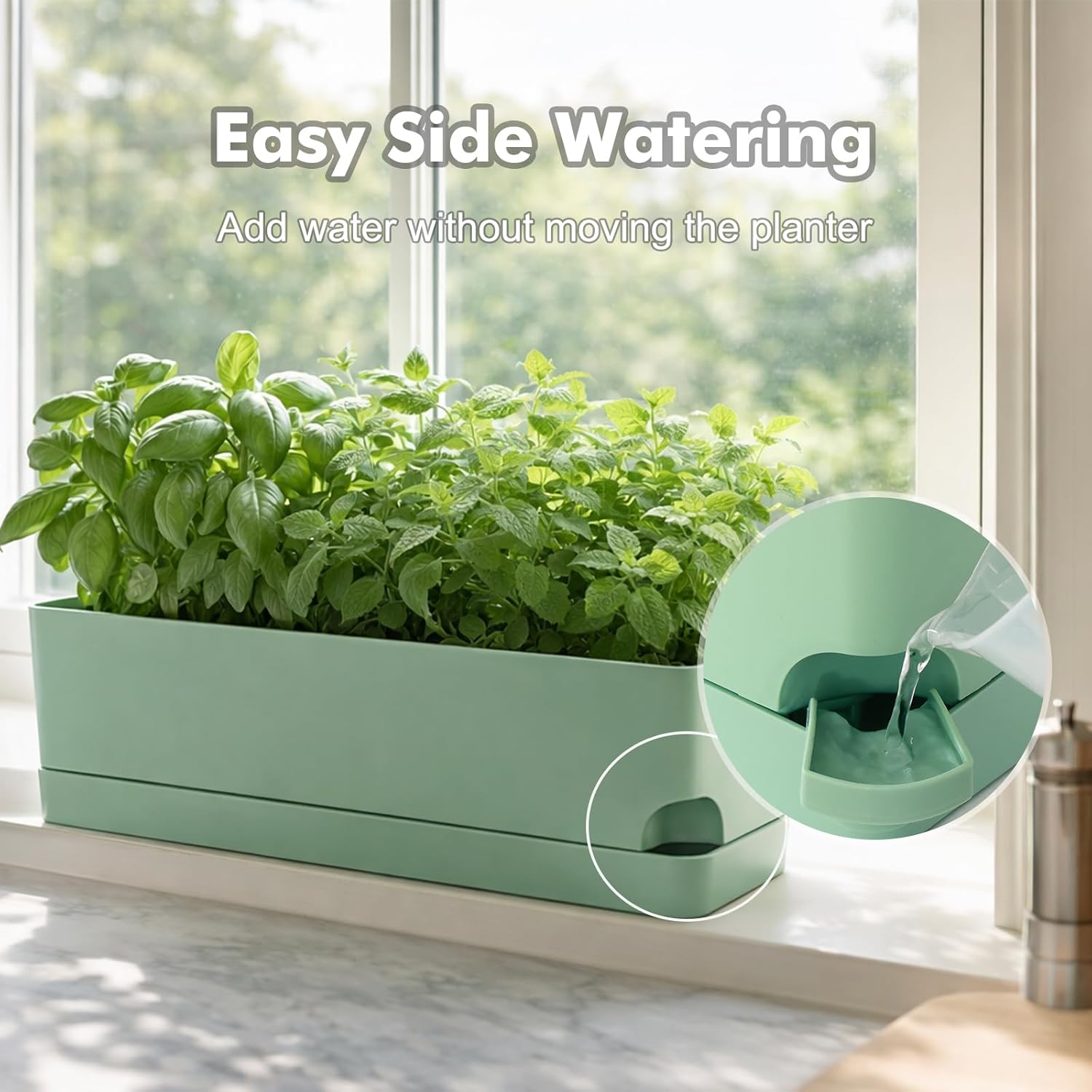 Party Zealot Window Boxes Planters, 3 Pack Self Watering Pots for Indoor Plants 17 Inch Rectangular Planter Rectangle Flower Pots Long Plant Pot Large Window Sill Herb Planter Box, Green
