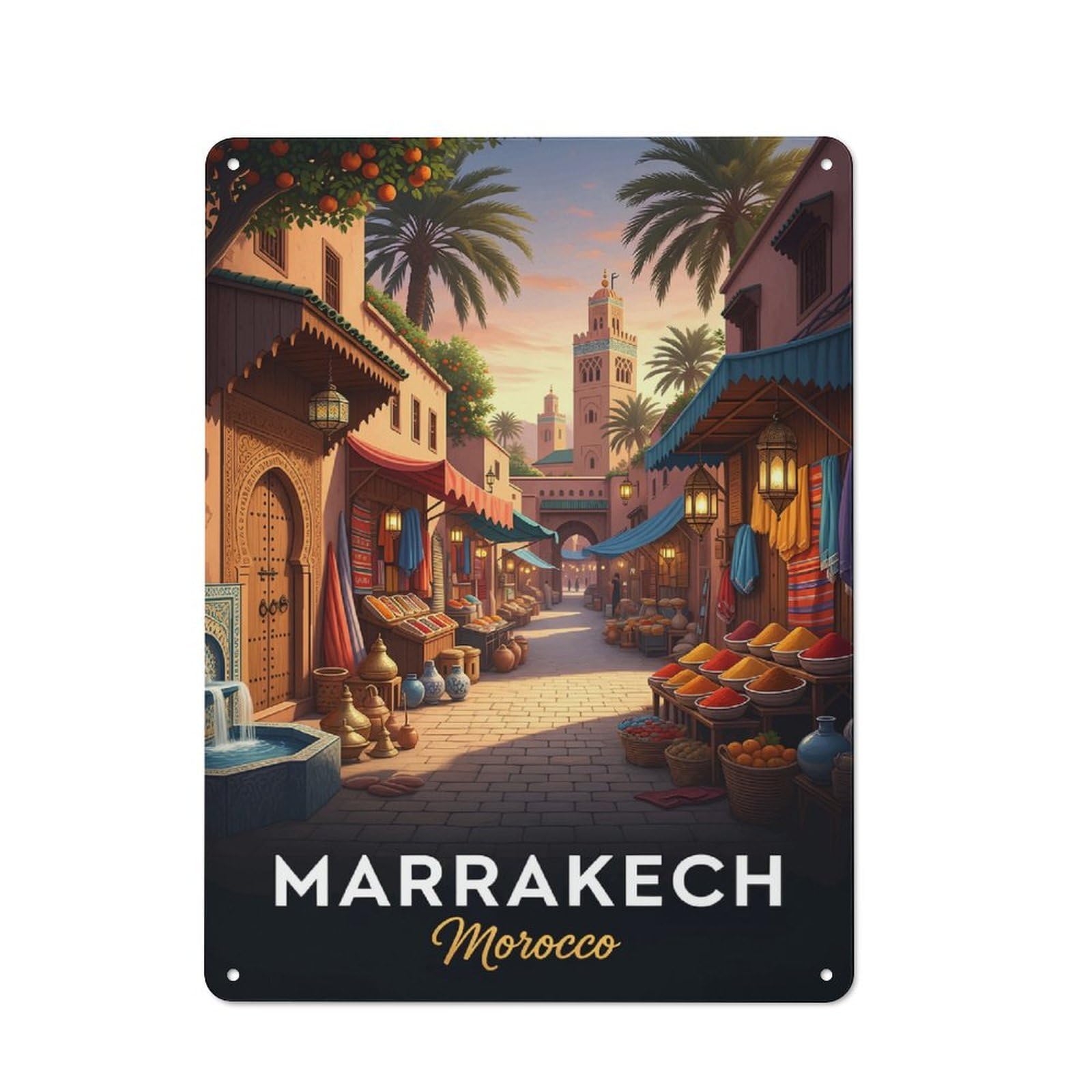 Junmoney Style-8 Tin Wall Plaque 40X30cm With Marrakech Morocco Street Scene For Workshop Wall, With Clear Retro Wall Decor Character