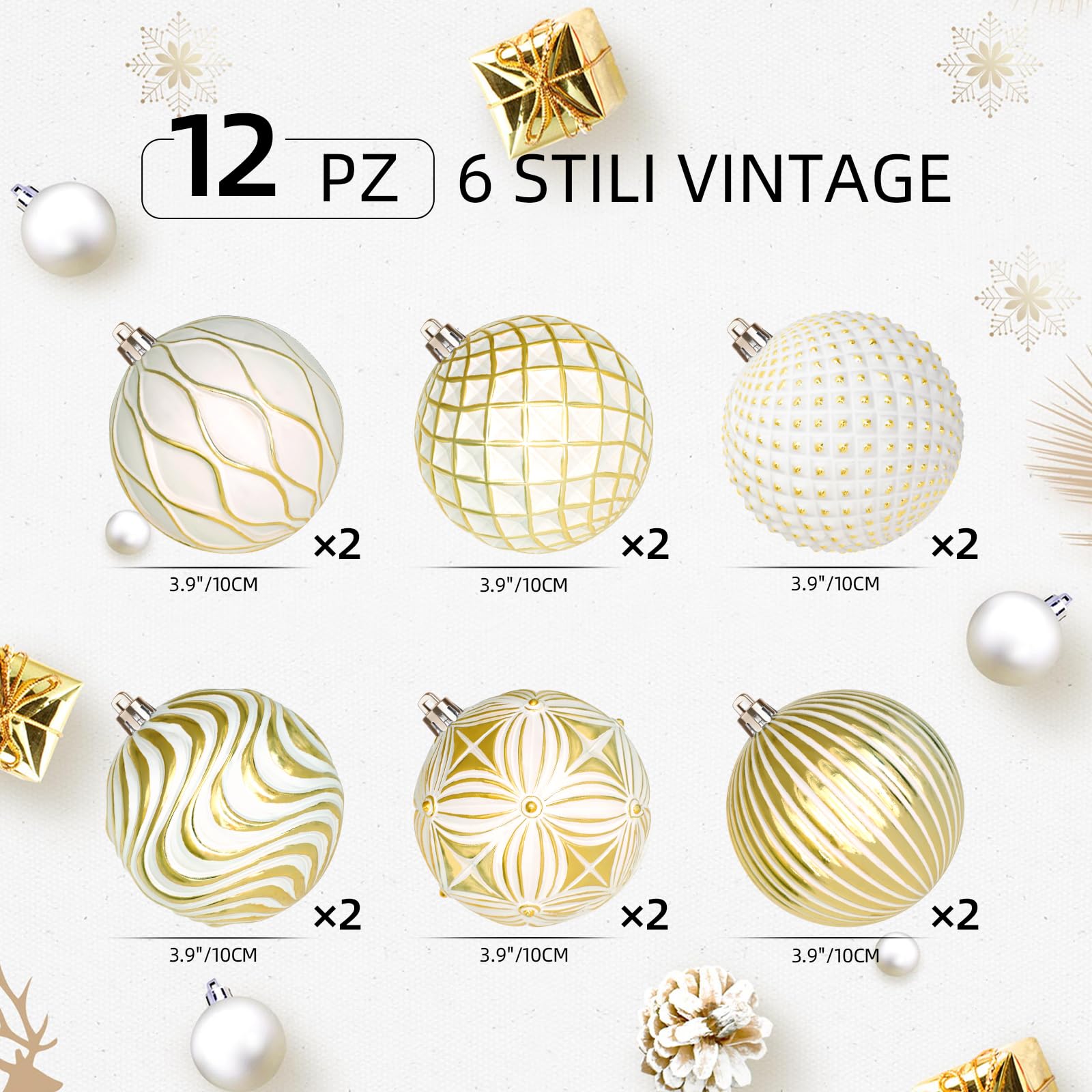 Lanpn 12 Pz 10cm Palle di Natale Grandi, Palline Natalizie Giganti All'aperto, Palle Retrò di Albero Natale con Rilievo Motivi, Decorazioni Palline Infrangibili per Cortile Terrazza, Bianco & Oro