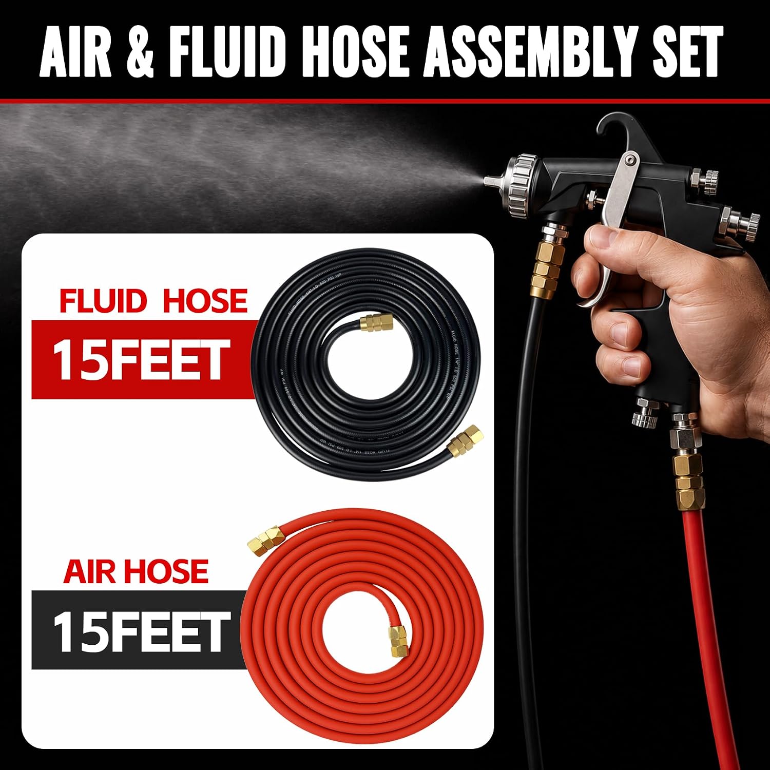 15FT Air & Fluid Hose Set for Spray Guns & Paint Pressure Tanks | 3/8" NPS Air Hose 5/16" ID, 1/4" NPS Fluid Hose 1/4" ID, Heavy Duty for Automotive Industrial Woodworking