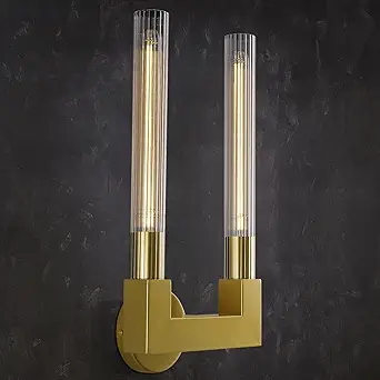 Modern Brass Wall Sconce,19 Inch Gold Double Bathroom Wall Sconces with Clear Glass Tube,Indoor 2-Light Vanity Mirror Wall Lights,for Bathroom,Living Room,Bedroom,Hallway,Entryway,Fireplace,Staircase