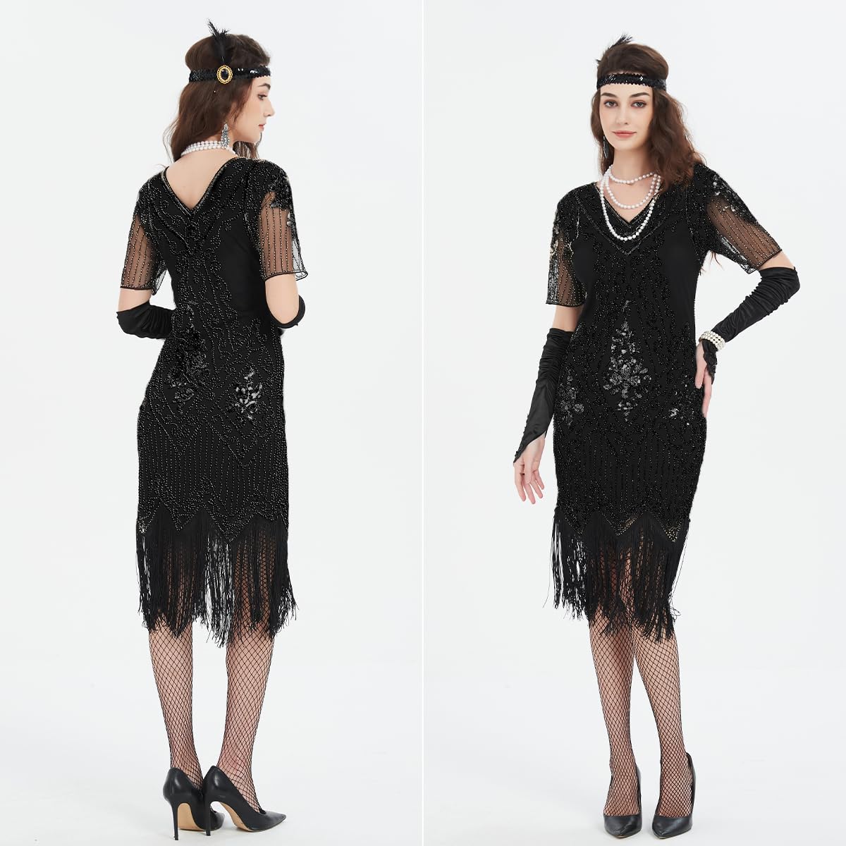 WILDPARTY Disfraz de los años 20 Roaring 20s Charleston, vestido flapper con mangas finas lentejuelas perlas flecos vestido vestido de los años 20 accesorios vintage mafia disfraz mujer