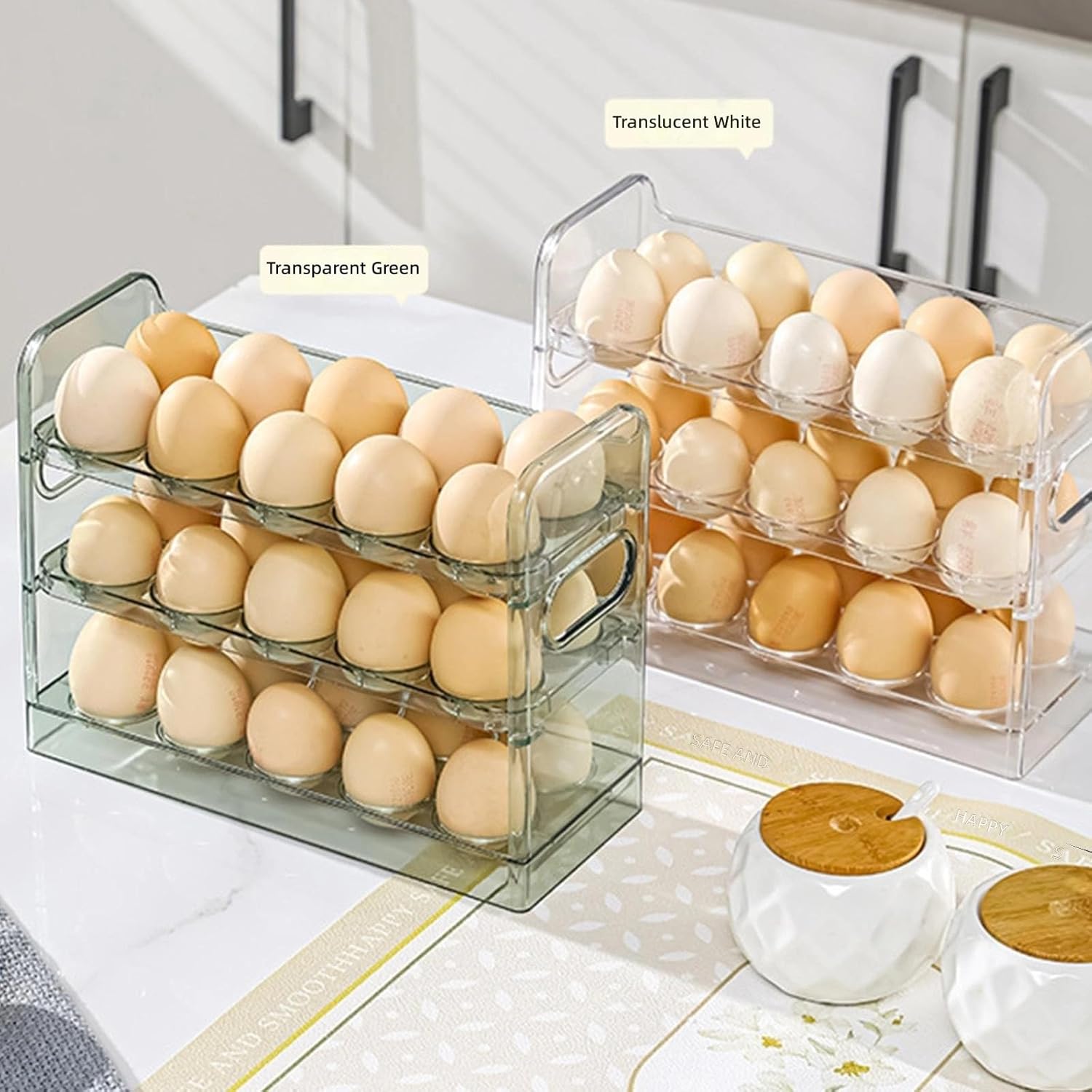 3 Tiers Eggs Holder with One Hand Operations Designs for Fridge Door Storage Clear Plastic Container Holds 30 Eggs