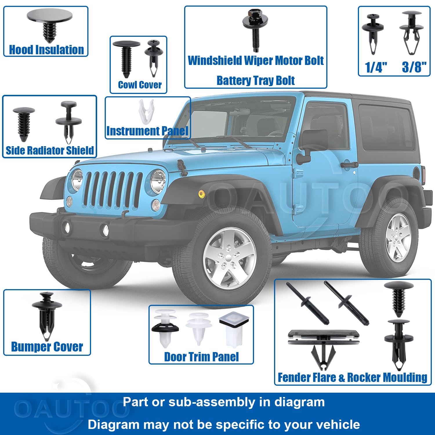 OAUTOO 209pcs for Jeep Wrangler JK 2007-2018 Auto Body Interior and Exterior Retainer Fastener Clip Assortment