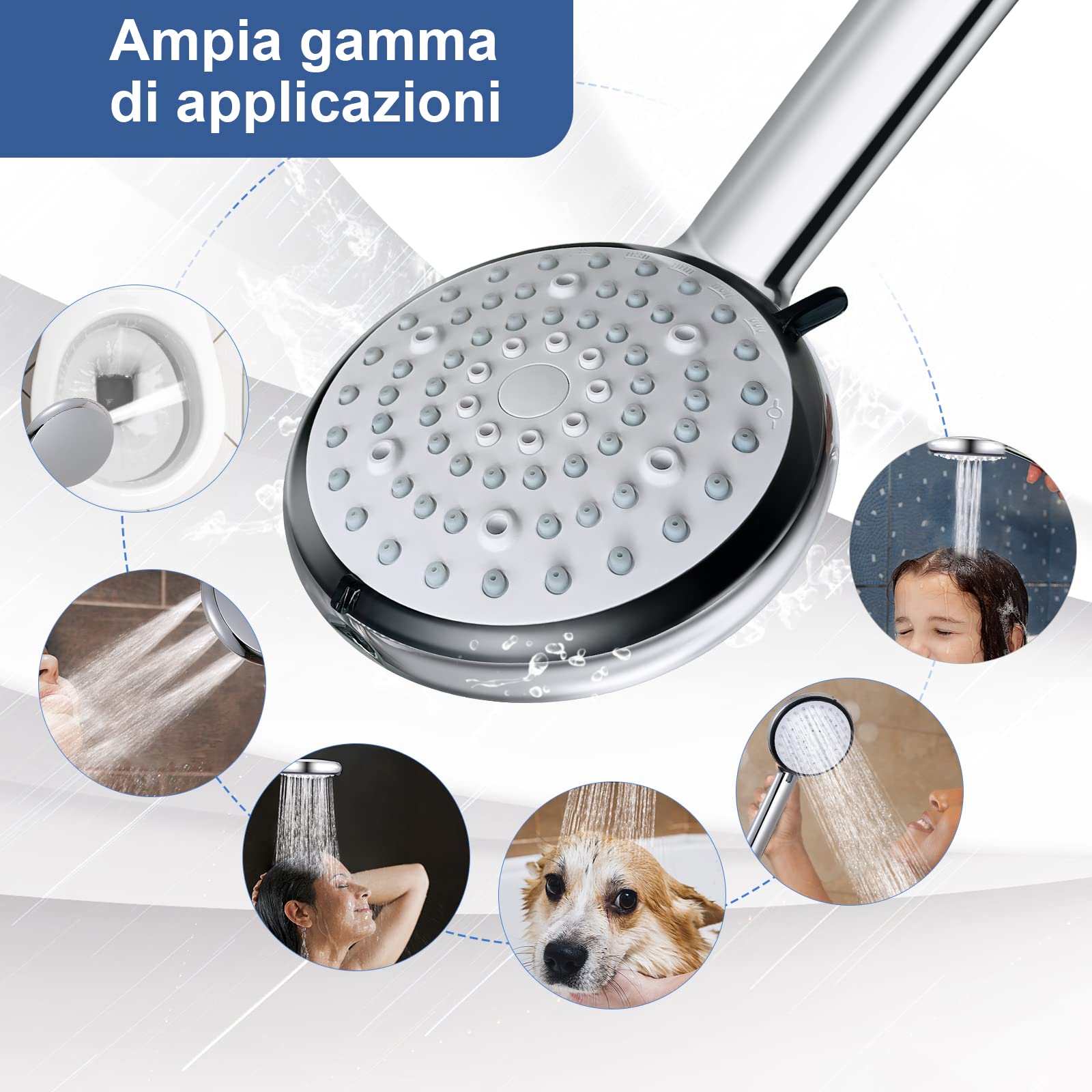 Soffione Doccia, Doccino per Doccia Manuale a Risparmio D'acqua, 6 Modalità di Spruzzo, Doccetta con Ugello in Silicone Autopulente Facile da Installare e Pulire,Telefono Doccia in ABS + Acciaio