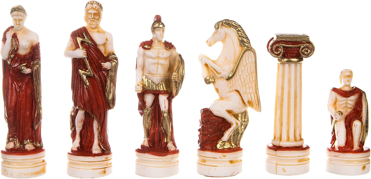 BeautifulGreekStatues Chess Set with Alabaster Board Ancient Greek Gods & Soldiers Handpainted 13.7x13.7 Inches