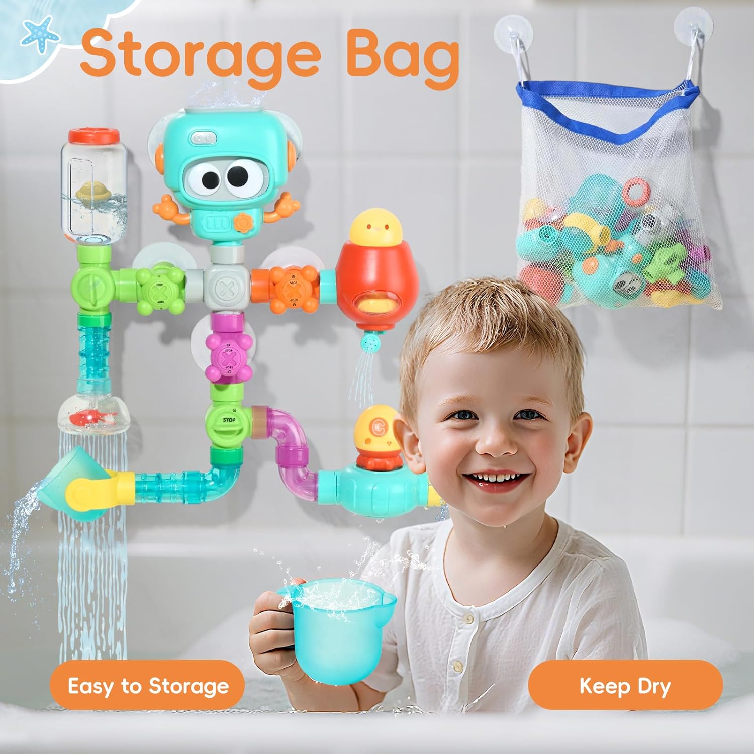 Bath Toys for Kids Ages 4-8 | 27PCS DIY Water Pipe Assembly Kit with Storage Bag | STEM Building Educational Bathtub Toys for Toddler 3-5 | Creative Shower Toy Birthday Gifts for Boys & Girls