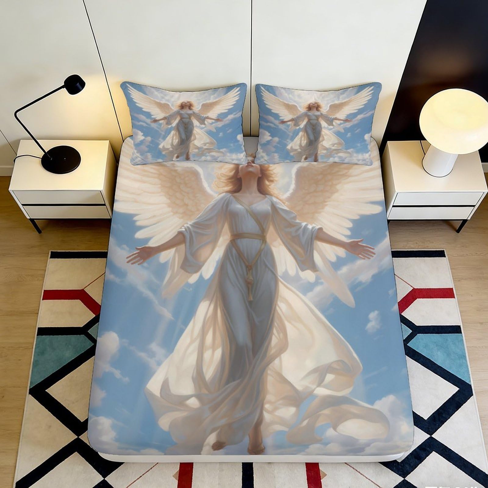 Pnayamiorkfel Style-8 3D Printed Angel Wings Fitted Sheet Microfiber Bedroom Decor Mattress Cover Sky Cloud Art For Home Guest Room 90X200x25cm
