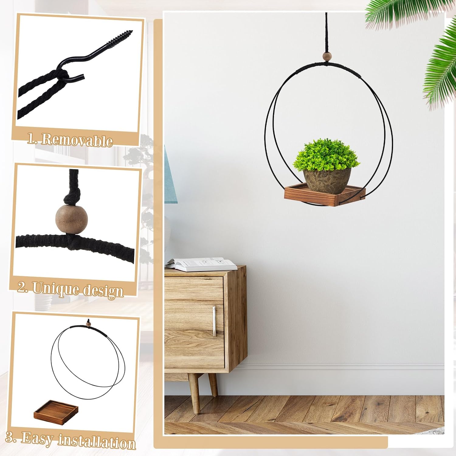 Geelin 4 Pack Plant Hanger with Wood Base Hanging Window Planter Boho Macrame Hanging Potted Plant Holders for Indoor Outdoor Window Wall Ceiling Home Decoration, Pot & Sapling Not Included (Brown)
