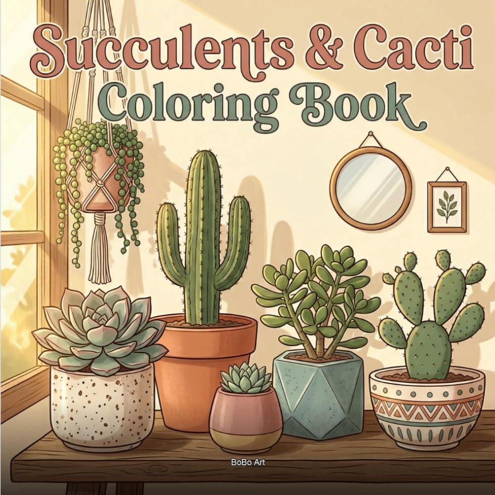 Succulents & Cacti: Coloring Book for Adults, Bold and Easy: 50 Simple Cozy Houseplant Designs Featuring Trendy Pots, Terrariums, and Desert Gardens for Relaxation and Stress Relief