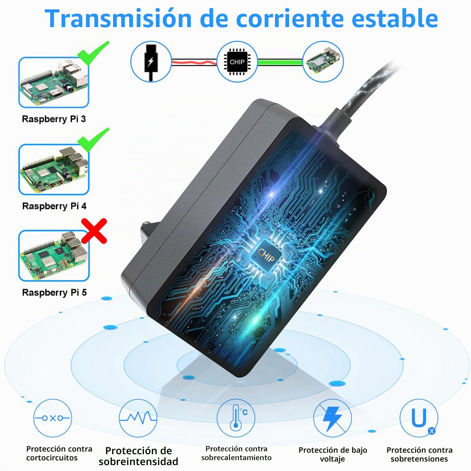Miuzei Raspberry Pi 4 y 5 3 Fuente de alimentación 5V 4,1 A 20,5W USB C Power Supply con Interruptor de Encendido/Apagado Enchufe Europeo Cargador para Raspberry Pi 5 y 3 4 Modelo B 8GB 4GB 2GB 1GB