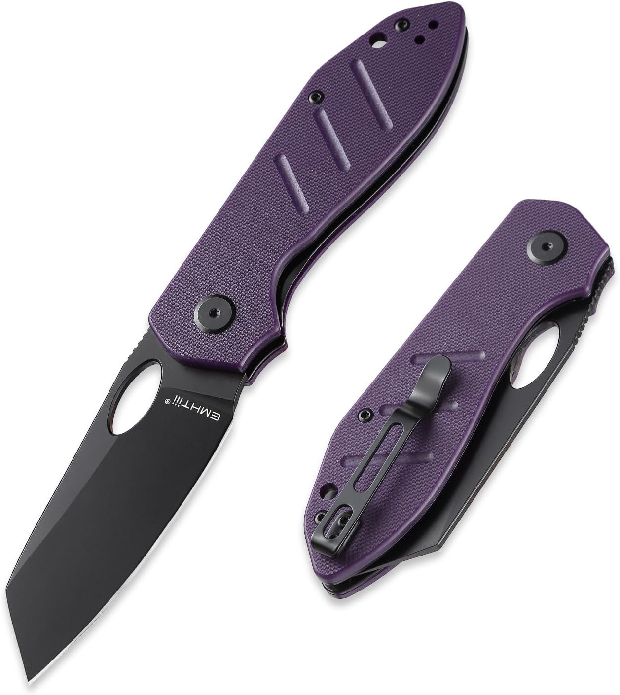 Reverse Tanto Pocket Folding Knife: D2 Steel Black Blade, G10 Handle with Liner Lock, Thumb Hole, Reversible Clip, EDC Tactical Camping Knives for Men & Women E034, Purple