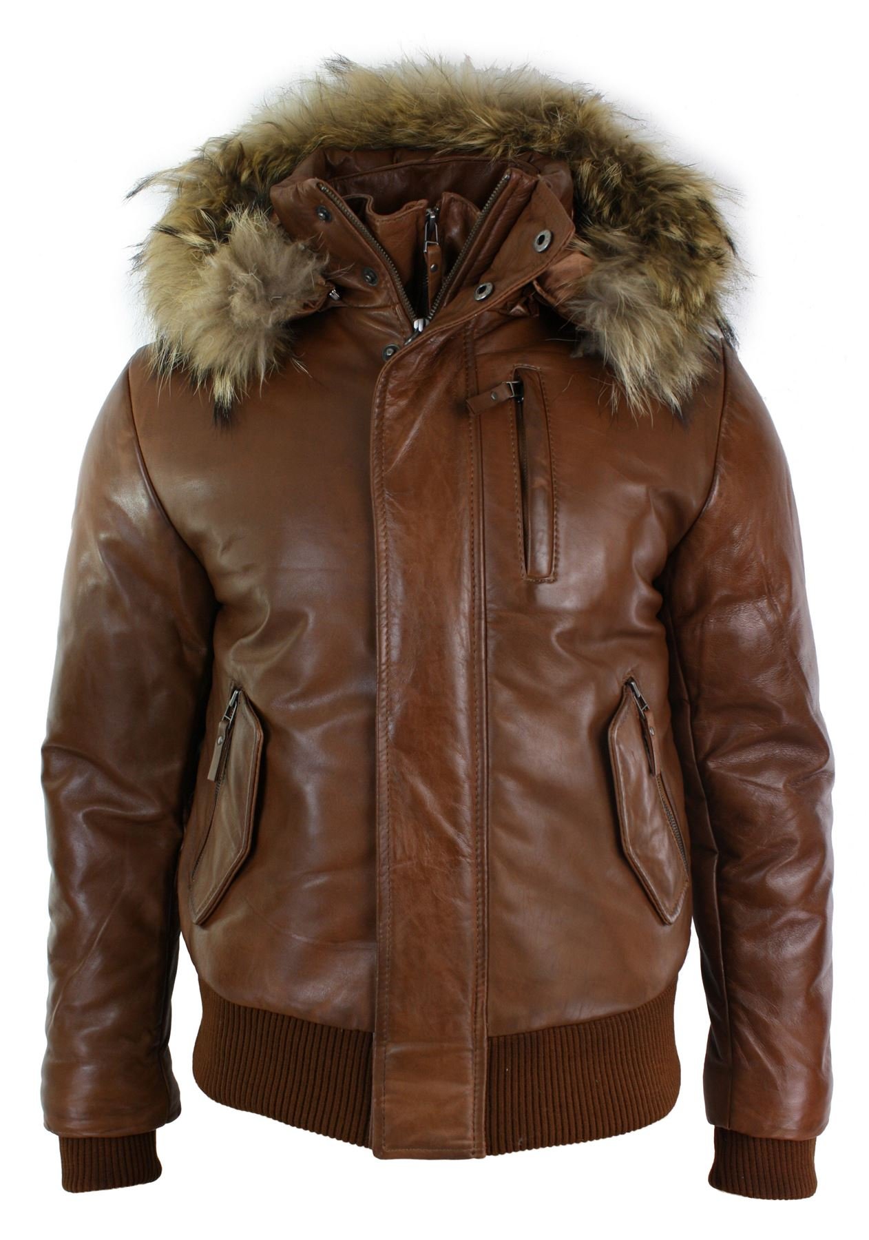 Truclothing Men's Tan Bomber Jacket Outwear Windproof Winter Puffer Real Leather Jackets Coat Fur Hood - Xxl