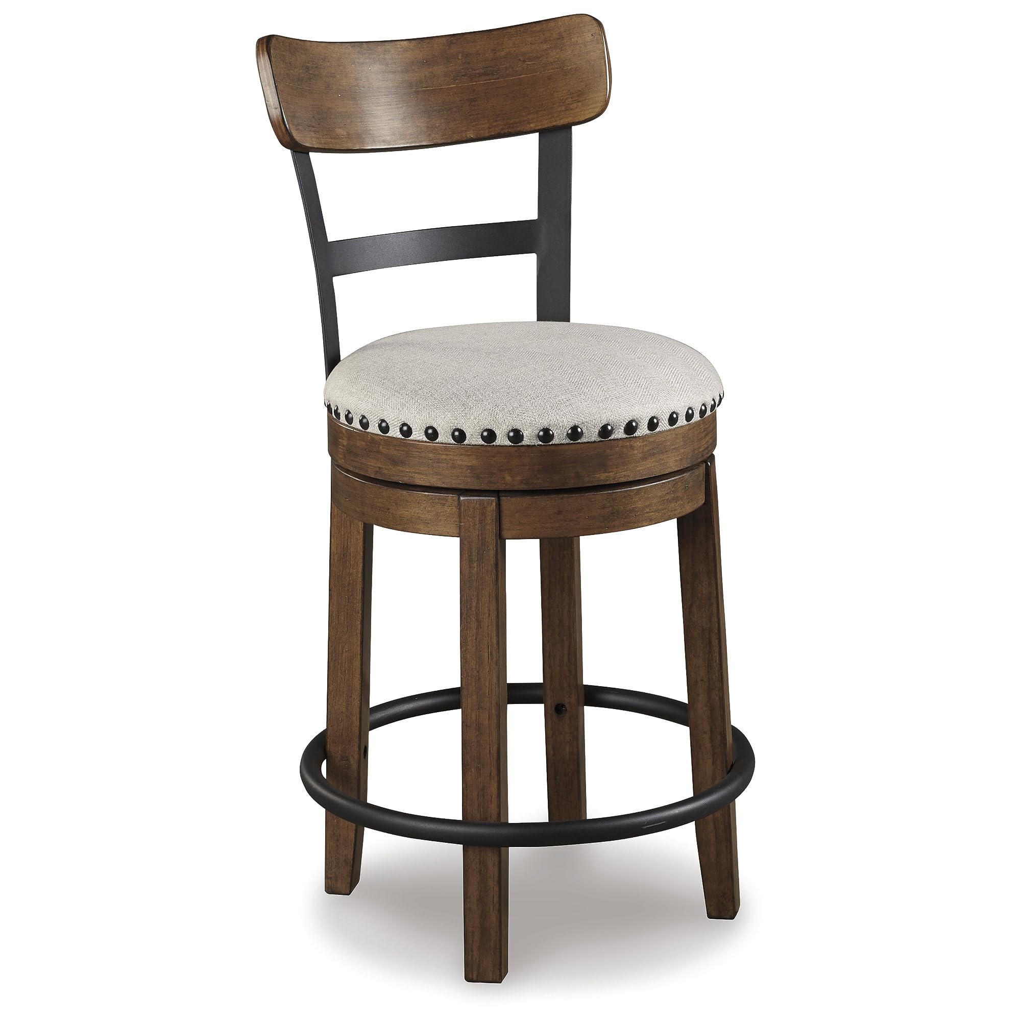 Signature Design by Ashley Valebeck Rustic Farmhouse Swivel Bar Stool – 24.5″ Counter Height, 360° Swivel Metal & Wood Frame, Polyester Upholstery – Brown